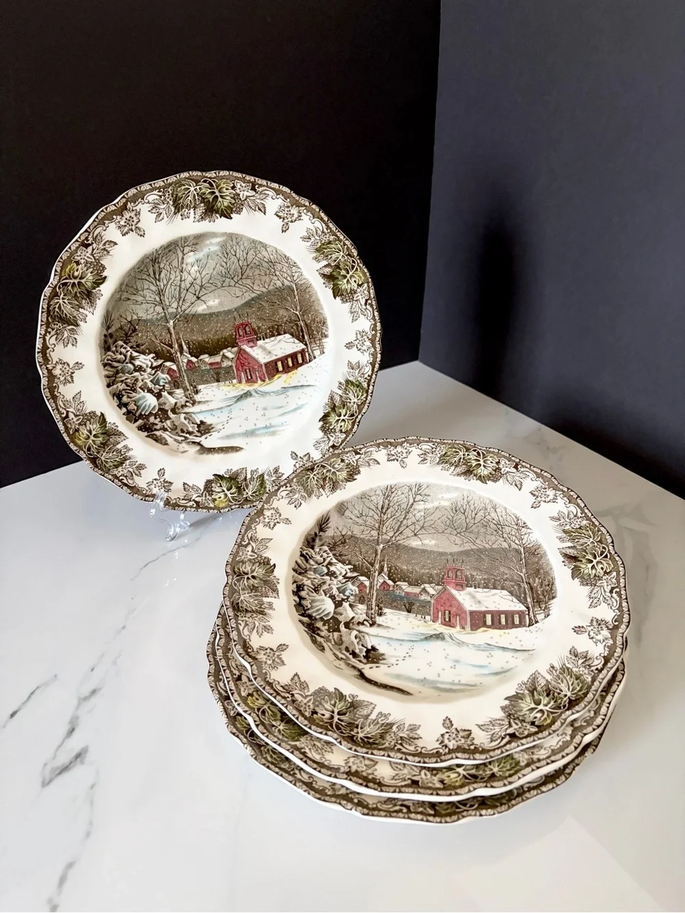 SET of 4 Friendly Village Dinner Plates - The School House - by Johnson Brothers